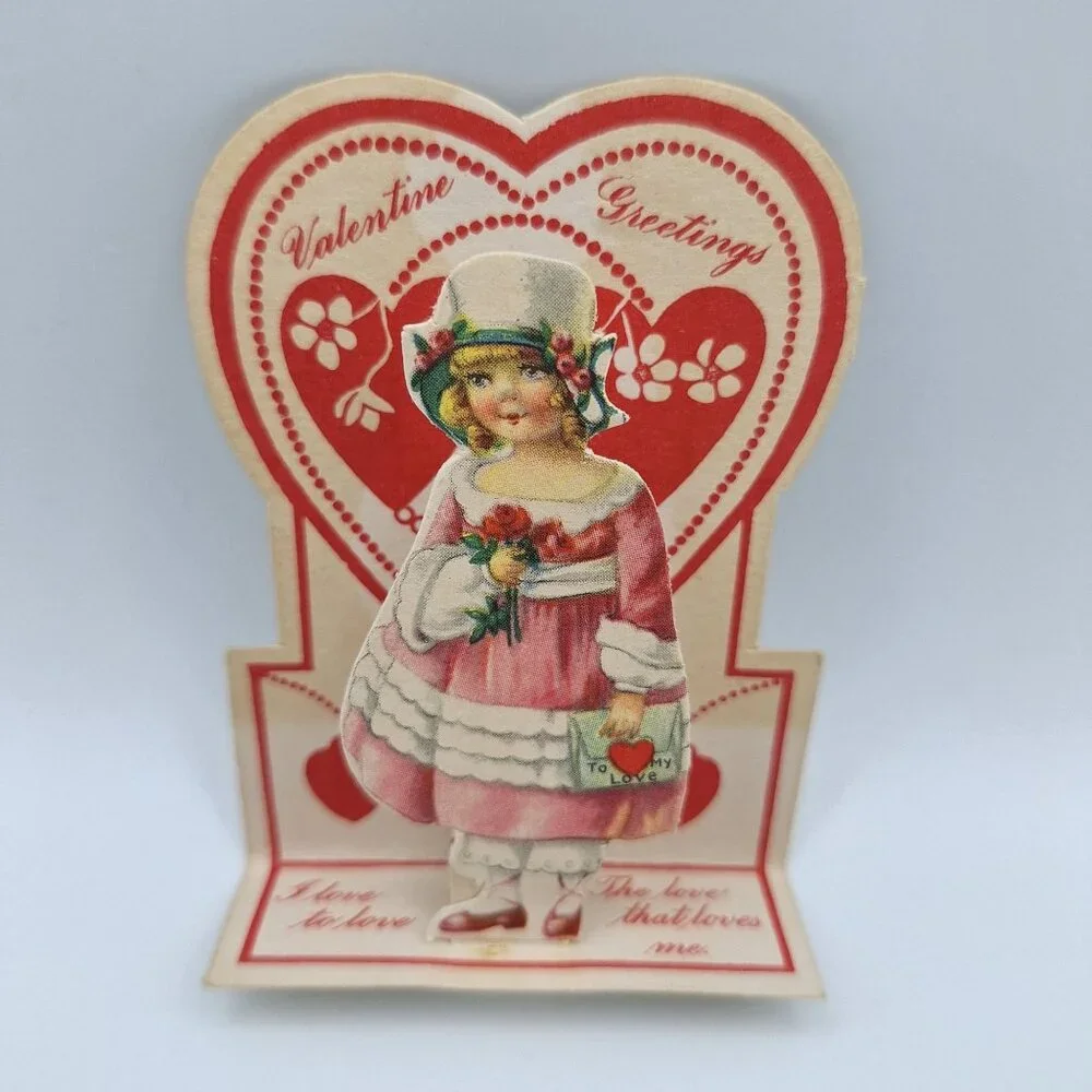 Vintage Valentines Day Card Pop-Up Stand-Up Girl Heart‎ Love Note Junk Journal